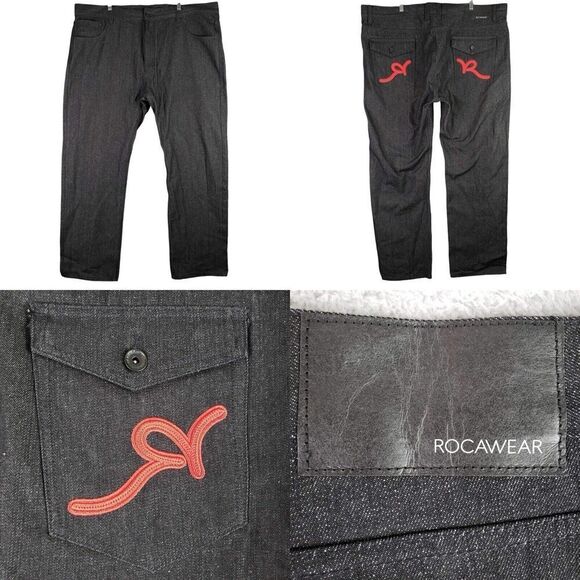 Rocawear Jeans Men 48x34 Baggy Loose Fit Black Red Wash Denim Hip Hop Y2K 48 - Picture 1 of 10